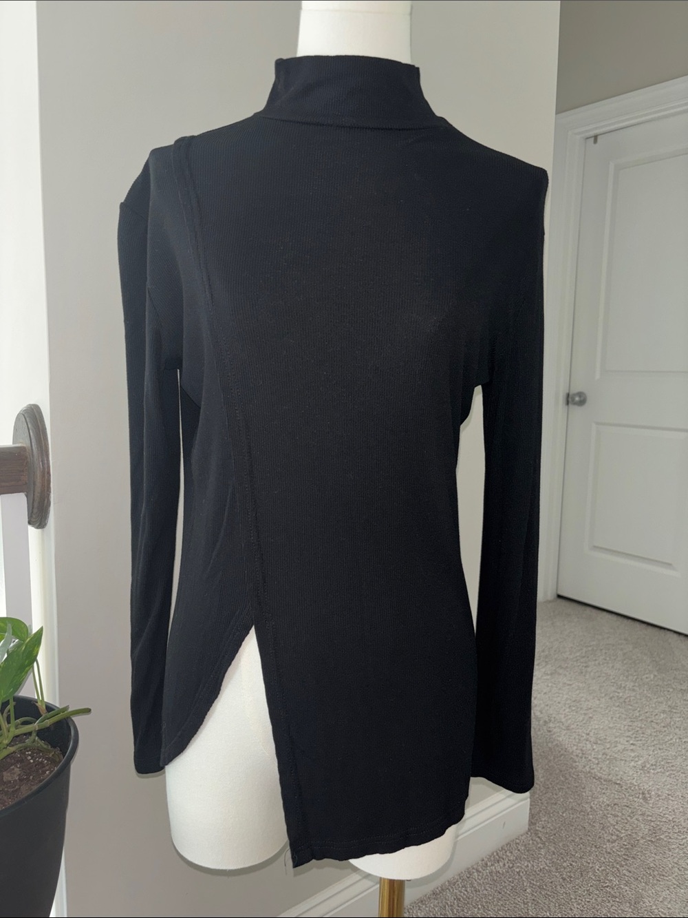 Black Asymmetric Long-Sleeve Top - Modern Mock Neck